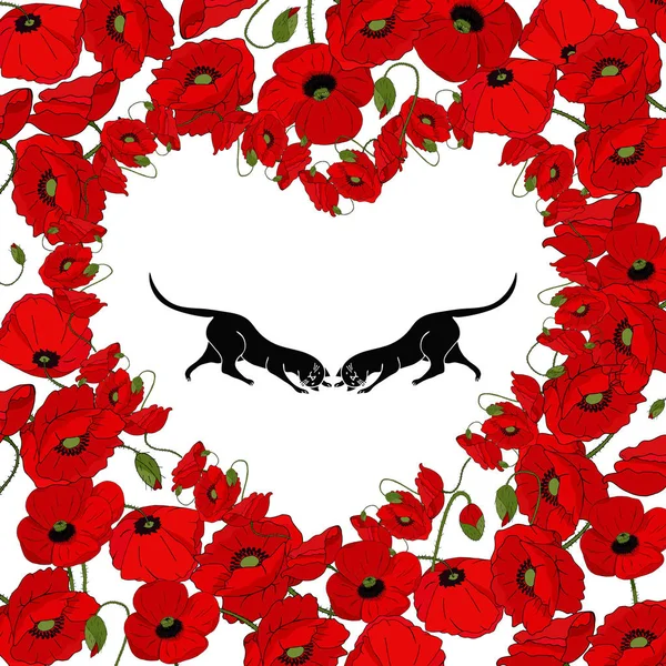 Silhouettes Lovers Black Cats Heart Red Poppies White Background Template — Stock Photo, Image