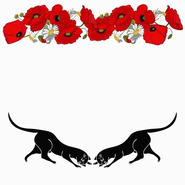 Silhouettes Lovers Black Cats White Background Frontera Horizontal Floral Espías —  Fotos de Stock