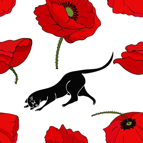 Seamless texture with cat and cat tracks and poppies on a white background.