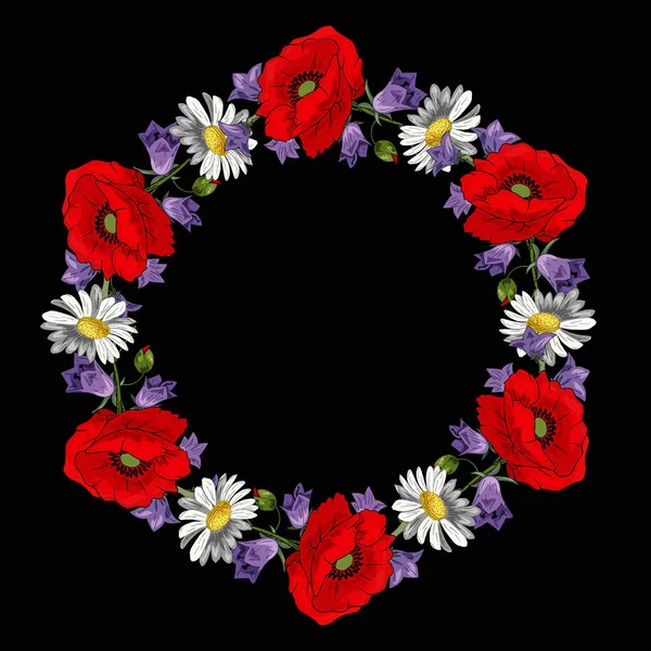 Large Beautiful Wreath Bright Red Poppies Purple Cornflowers Field Daisies — Stock Photo, Image