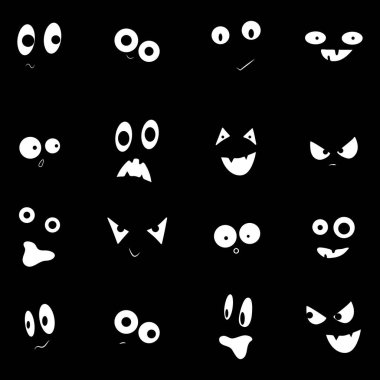 Beyaz arka planda bir grup hayalet yüz. Cadılar Bayramı için yapıcı için farklı duygular: neşe, merak, korku, sürpriz, korku, eğlence, üzüntü, mutluluk.