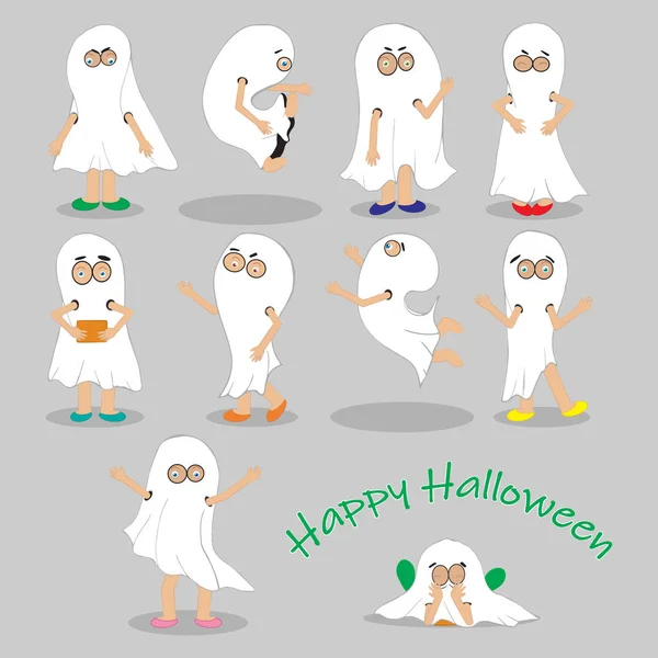 Conjunto Niños Fantasmas Halloween Niños Aislados Con Disfraces Diferentes Poses —  Fotos de Stock