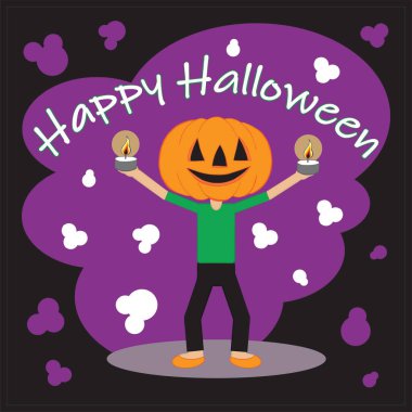 Siyah Cadılar Bayramı çocuklarının menekşeli kartları. Elinde mumlarla Jack Lantern kostümü giymiş bir çocuk. Yukarıda beyaz metin var. Mutlu Cadılar Bayramı. Düz Çizim.