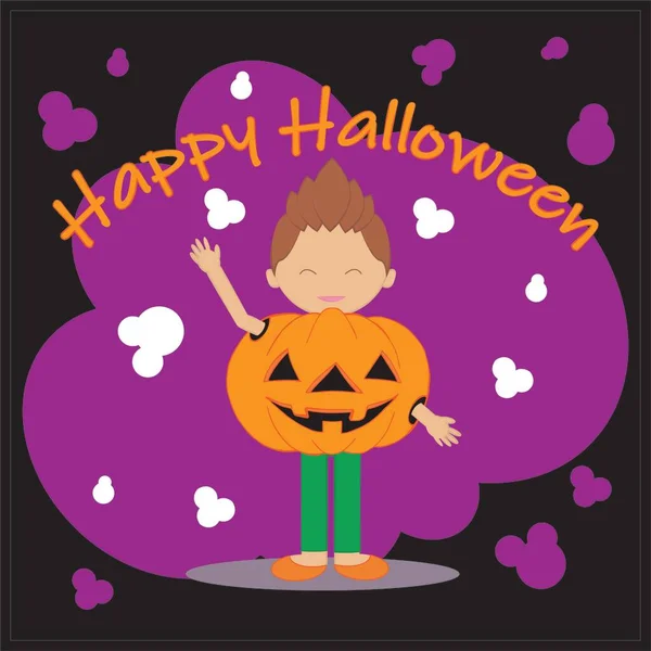 Μαύρη Παιδική Κάρτα Halloween Βιολετί Στοιχεία Ένα Παιδί Στολή Κολοκύθας — Φωτογραφία Αρχείου