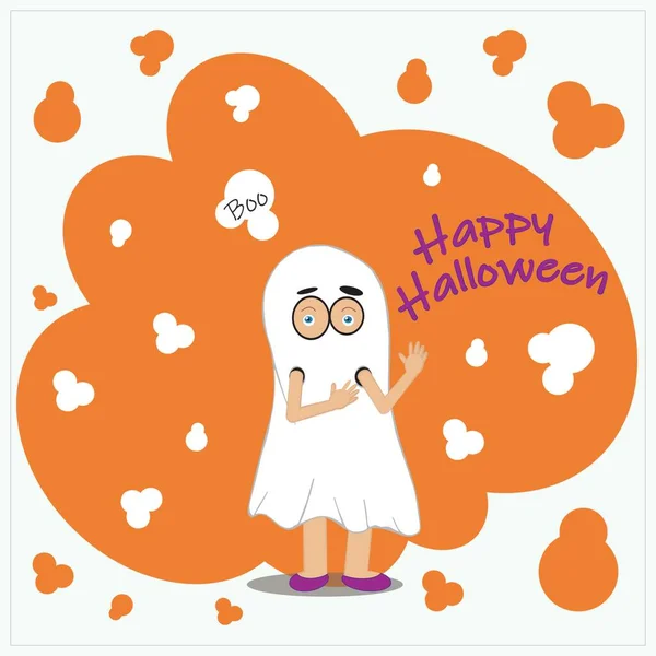 Biglietto Bambini Halloween Bianco Con Elementi Arancioni Bambino Costume Fantasma — Foto Stock