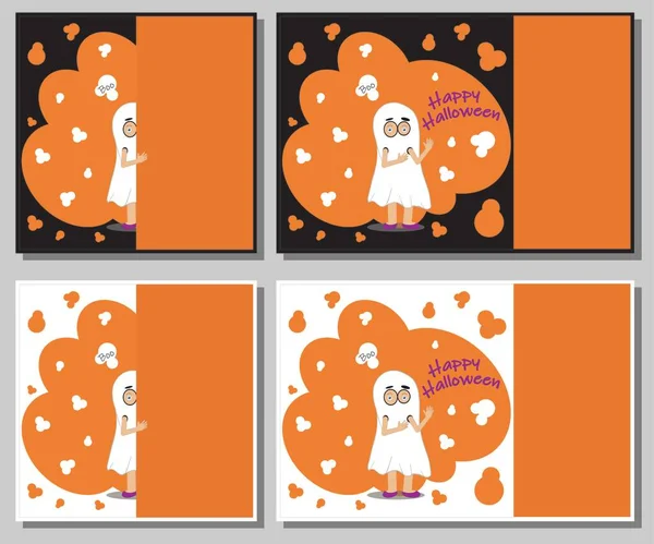 Karty Halloween Pomarańczowymi Elementami Dziecko Kostiumie Ducha Chowa Się Ścianą — Zdjęcie stockowe