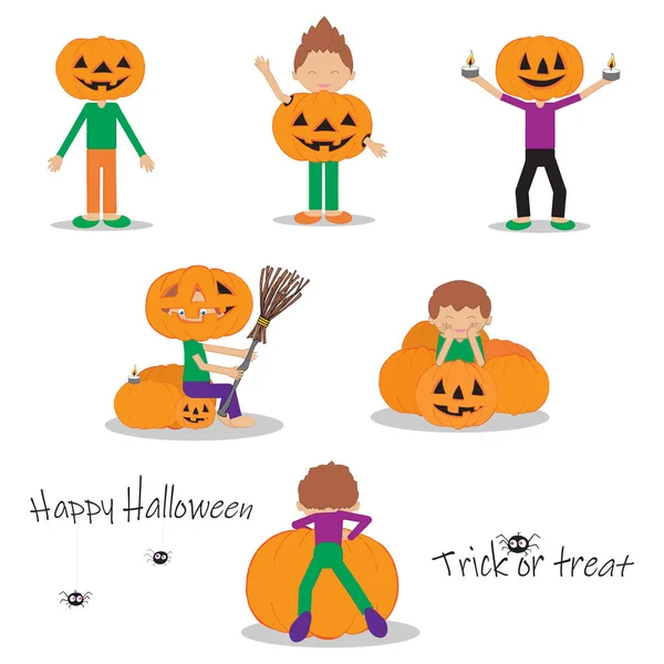 Conjunto Personagens Halloween Crianças Trajes Cercados Por Abóboras Feliz Inscrição —  Vetores de Stock