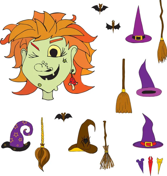 Halloween colorful set. Witch mask, hats and brooms. Halloween party accessories pack. Decorations in the form of bats and spiders for different looks. — Stock Illustration Halloween Colorful Set Witch Mask Hats Brooms Halloween Party Accessories Royalty Free Stock Illustrations