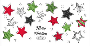 El yapımı Noel yıldızı seti. Dekorasyon yalıtılmış elementler. Tebrik kartı kırmızı ve yeşil. Vektör illüstrasyonunu karalar ve çizer