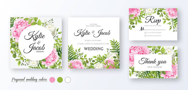 Wedding Invitation, thank you, rsvp card. Floral design with green watercolor leaves, pink and white flower rose, peony foliage greenery decorative print Vector elegant rustic greeting invite postcard