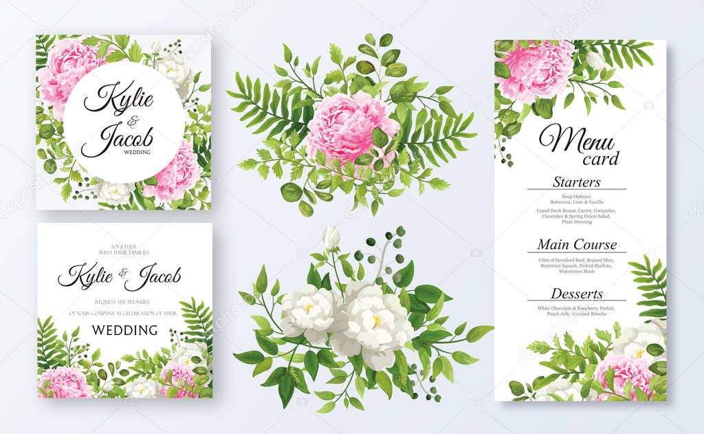 Wedding set square invitation, menu. Floral design with green pink and white flowers. Watercolor leaves, foliage greenery decorative frame print. Vector elegant cute rustic greeting, invite, postcard 