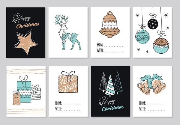 Állítsa Modern Boldog Karácsonyi Kézzel Rajzolt Kártyák Illusztrációk Ikonok Betűző — Stock Vector