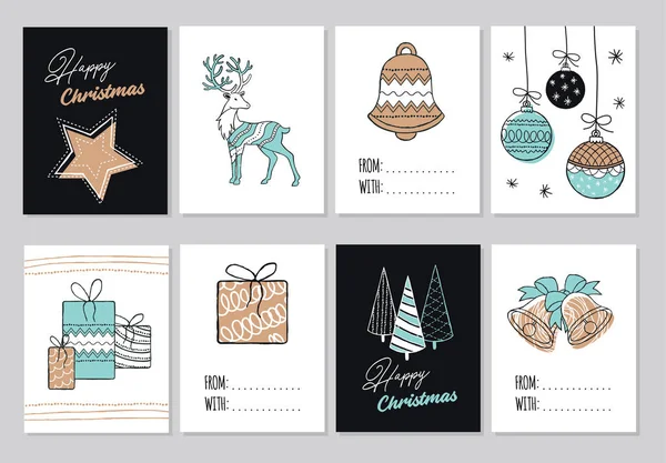 Conjunto Moderno Feliz Navidad Cartas Dibujadas Mano Ilustraciones Iconos Colección — Archivo Imágenes Vectoriales