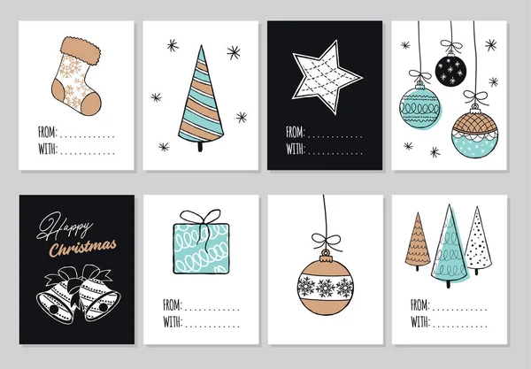 Set Moderne Joyeux Noël Cartes Dessinées Main Illustrations Icônes Collection — Image vectorielle