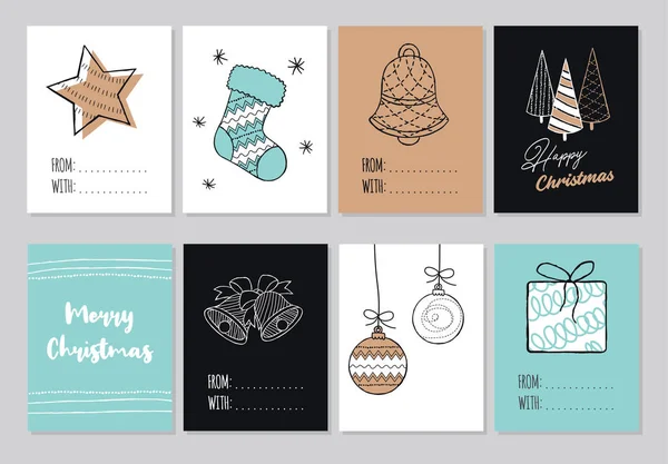Σετ Μοντέρνα Καλά Χριστούγεννα Χέρι Σχεδιασμένες Κάρτες Εικόνες Και Εικόνες — Διανυσματικό Αρχείο