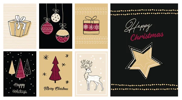 Conjunto Moderno Feliz Navidad Cartas Dibujadas Mano Ilustraciones Iconos Colección — Vector de stock