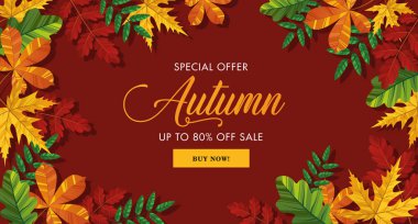 Sonbahar indirimli arka plan tasarımı, alışveriş veya pankart, tanıtım afişi, çerçeve broşür veya web için sonbahar yaprakları ile dekore edilir. Vektör illüstrasyonu.