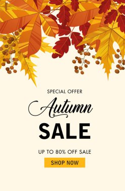 Sonbahar indirimli arka plan tasarımı, alışveriş veya pankart, tanıtım afişi, çerçeve broşür veya web için sonbahar yaprakları ile dekore edilir. Vektör illüstrasyonu. 