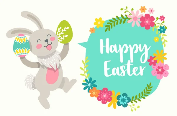 Mutlu Paskalyalar. Çizgi film tarzı Paskalya tatlı vektör tavşanı, yumurta ve çiçek tebrik kartı.