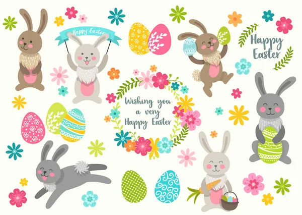 Bir dizi şirin Paskalya çizgi film karakteri tavşanlar ve dizayn çiçekleri. Paskalya tavşanı, yumurta ve çiçek. Vektör illüstrasyonu
