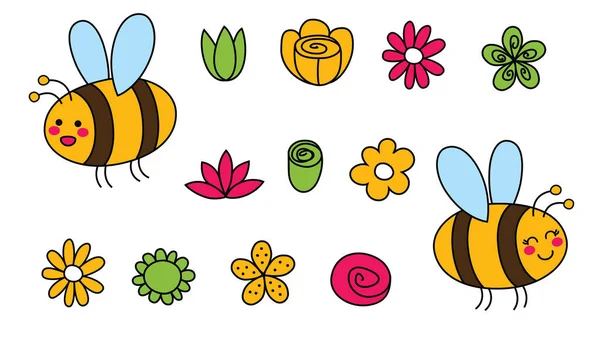 Vágott Készlet Rajzfilm Méhek Virágok Kézzel Rajzolt Gyerekes Vektorillusztráció — Stock Vector