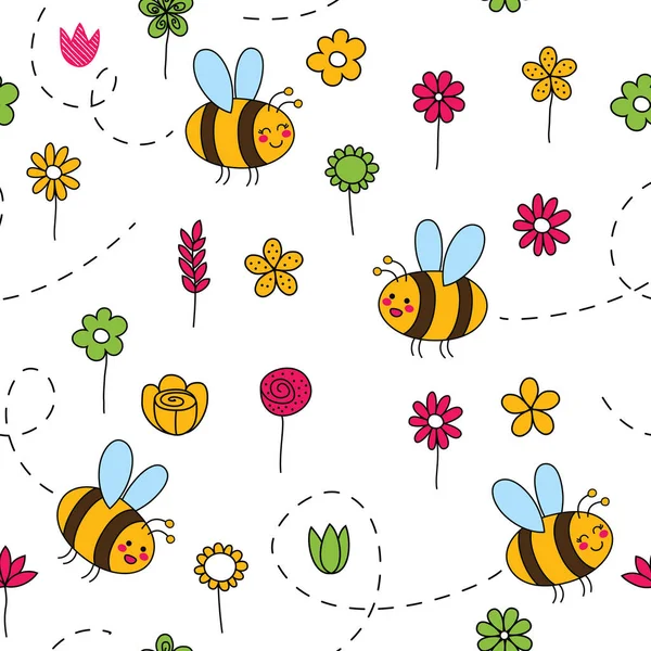 Aranyos Zökkenőmentes Minta Méhekkel Virágokkal Kézzel Rajzolt Vektor Illusztráció Csomagoló — Stock Vector