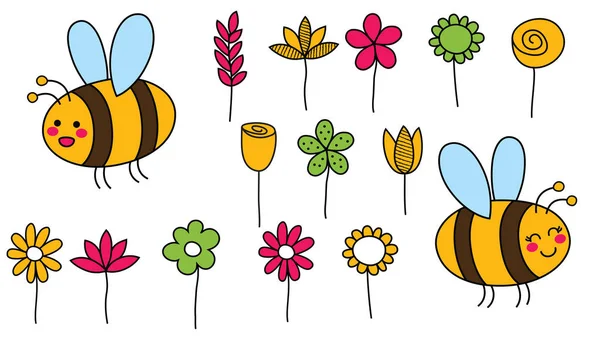 Vágott Készlet Rajzfilm Méhek Virágok Kézzel Rajzolt Gyerekes Vektorillusztráció — Stock Vector