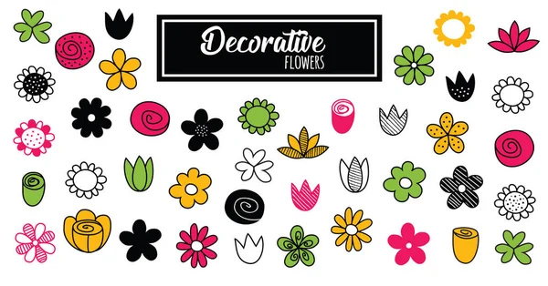 Zestaw Dekoracyjnych Kwiatów Ręcznie Rysowane Ilustracja Wektor Doodle Elementy Abstrakcyjne — Wektor stockowy