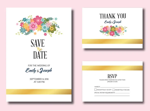 Vector Template Set Wedding Invitation Rsvp Thank You Date Card — Stock Vector