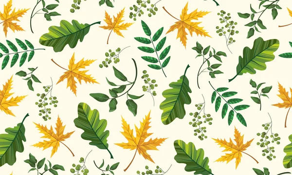Beautiful Pattern Seamless Yellow Green Leaves Maple Oak Hand Drawn — Stock Vector