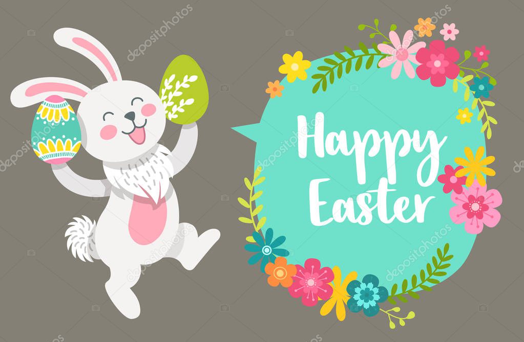 Happy Easter. Cartoon style easter cute vector bunny, eggs and flowers greeting card