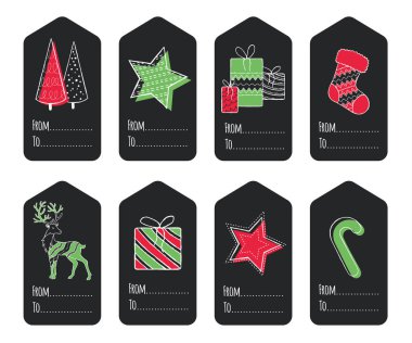 El çizimi Noel etiketleri. Dekorasyon yalıtılmış elementler. Vektör illüstrasyonunu karalar ve çizer