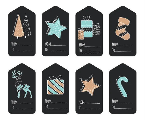 Conjunto Etiquetas Navidad Dibujadas Mano Elementos Aislados Decoración Ilustración Vectorial — Vector de stock