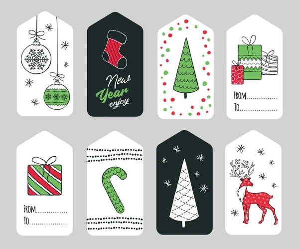 Conjunto Etiquetas Natal Desenhadas Mão Decoração Elementos Isolados Doodles Esboços — Vetor de Stock