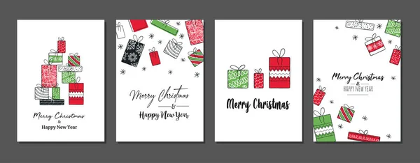 Trendy Merry Christmas Set Cards Modern Hand Drawn Elements Greetings — Stock Vector