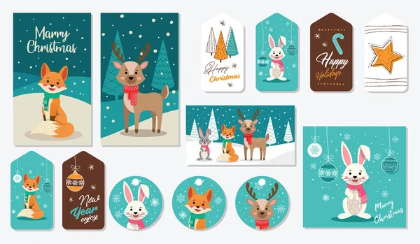 Büyük bir hayvan seti ve noel el el çizimi sanat tasarım elementleri takılar, hediyeler, yıldızlar. Orman hayvanları vektör illüstrasyon etiketleri, kartpostal