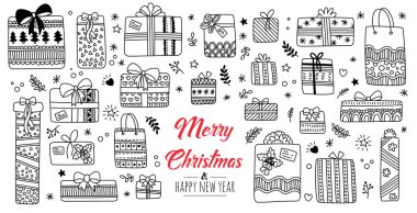 El çizimi çizgi film hediyesi izole edilmiş. Vektör çizimi siyah ve beyaz arkaplan çizim simgesi karalama.