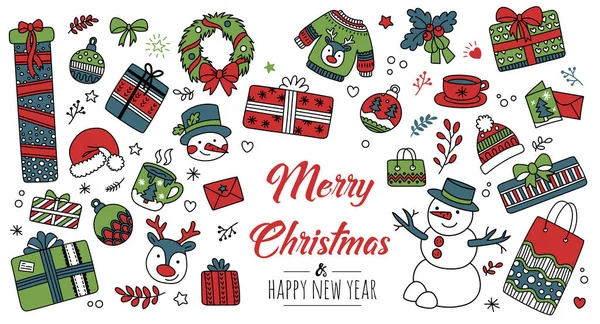 El çizimi Noel öğeleri karalamalarını ayarlayın. Noel Baba, hediyeler, ren geyikleri, kardan adam için sezonluk kutlama dekoru. Doğrusal grafik. Vektör illüstrasyonu