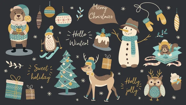 Modern el yapımı Noel hayvanları ve diğer izole edilmiş elementler. Vektör illüstrasyonu.