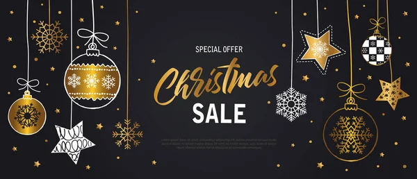 Christmas Sale Black Background Modern Banner Web Header Glitter Gold — Stock Vector