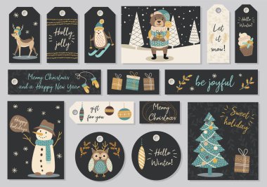 Modern el çizimleri, hayvanların ve diğer izole elementlerin olduğu tebrik kartları ve etiketler. Vektör illüstrasyonu.