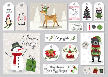 Modern el çizimleri, hayvanların ve diğer izole elementlerin olduğu tebrik kartları ve etiketler. Vektör illüstrasyonu.