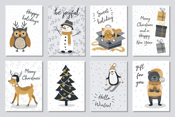 현대의 손으로 크리스마스 카드에는 동물과 요소들이 그려져 일러스트 — 스톡 벡터