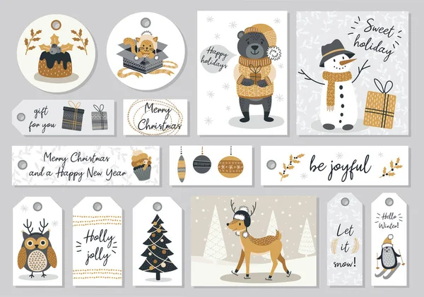 Állítsa Modern Kézzel Rajzolt Karácsonyi Gretting Kártyák Címkék Állatokkal Más — Stock Vector