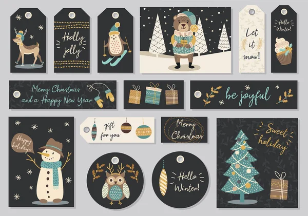 Modern el çizimleri, hayvanların ve diğer izole elementlerin olduğu tebrik kartları ve etiketler. Vektör illüstrasyonu.
