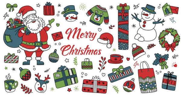El çizimi Noel öğeleri karalamalarını ayarlayın. Noel Baba, hediyeler, ren geyikleri, kardan adam için sezonluk kutlama dekoru. Doğrusal grafik. Vektör illüstrasyonu