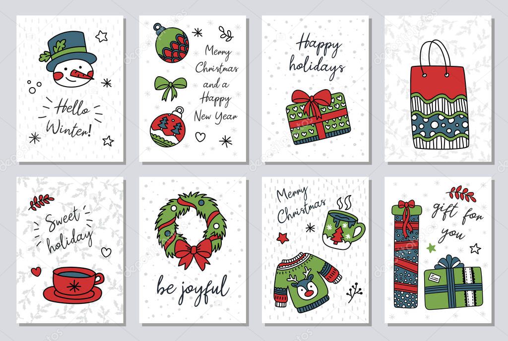 Set of modern hand drawn christmas gretting cards animals and other isolated elements. Vector illustration.