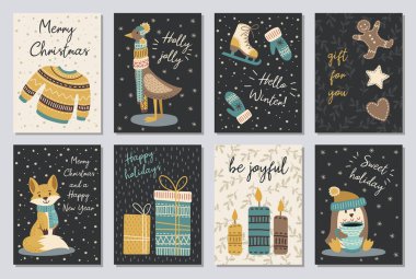 Modern el yapımı tebrik kartları, hayvanlar ve diğer izole edilmiş elementler. Vektör illüstrasyonu.