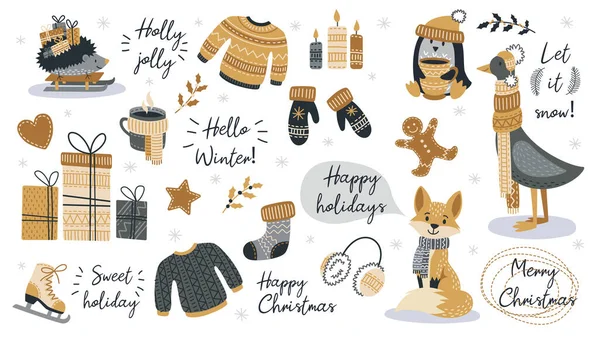 Set Von Modernen Handgezeichneten Weihnachtstieren Und Anderen Isolierten Elementen Vektorillustration — Stockvektor