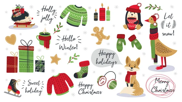 Modern el yapımı Noel hayvanları ve diğer izole edilmiş elementler. Vektör illüstrasyonu.